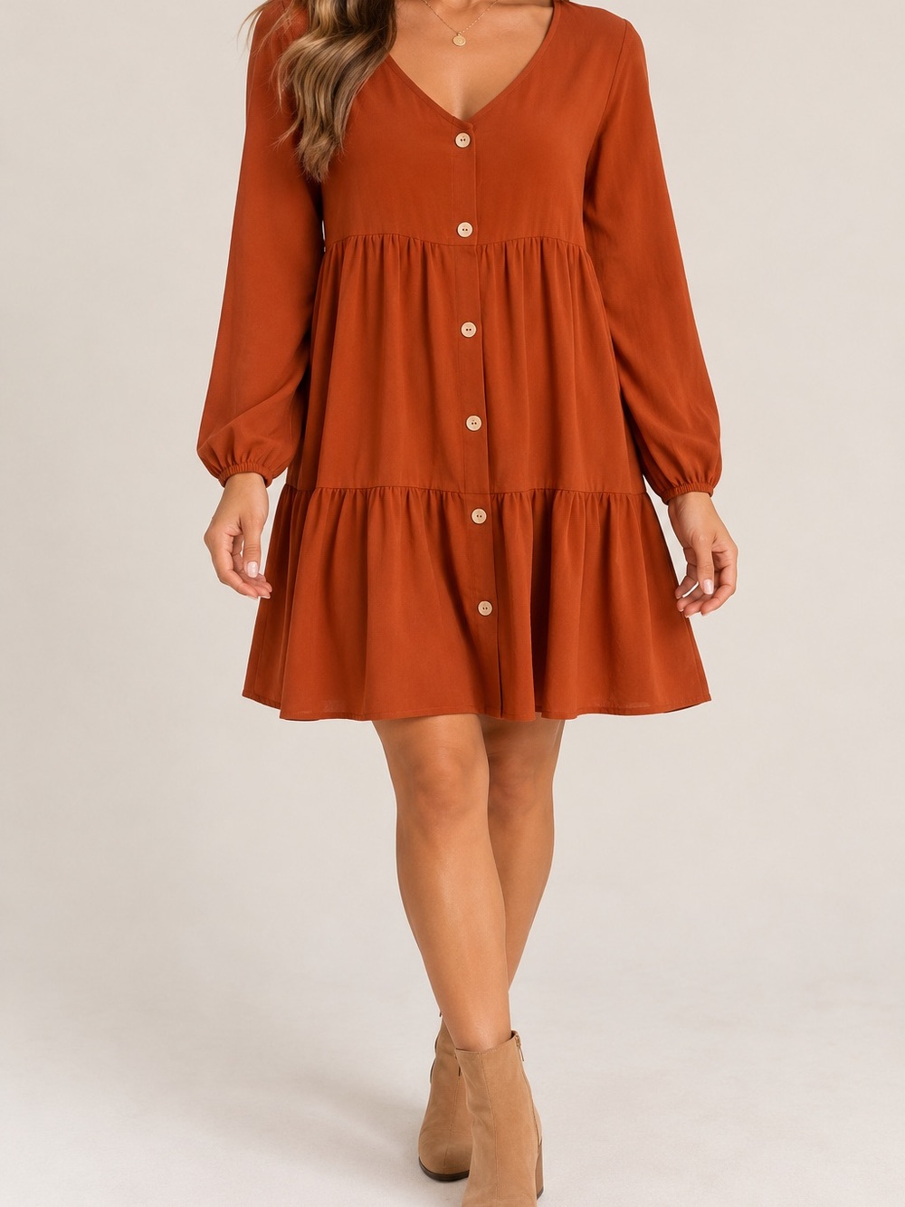 Rust Button-Front Tiered Long-Sleeve Dress